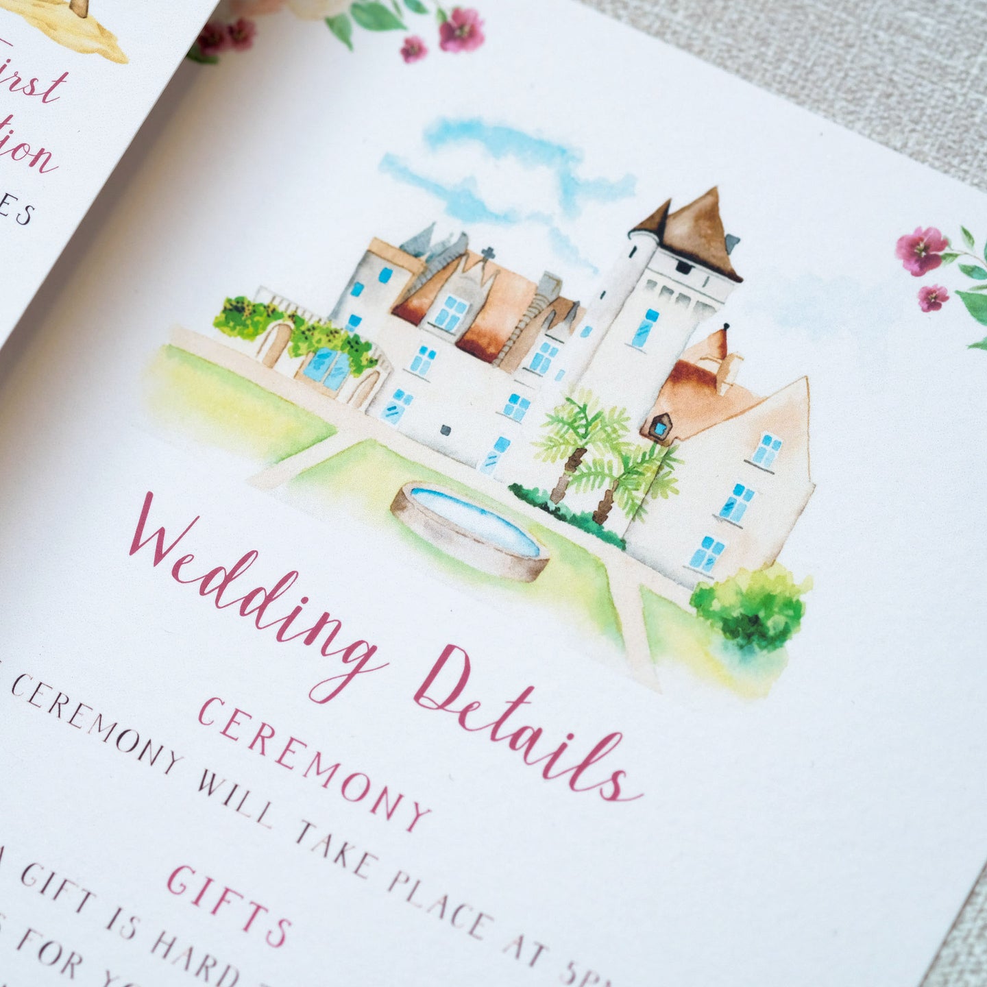 Wedding invitation details card with hand painted watercolour illustration of your wedding venue